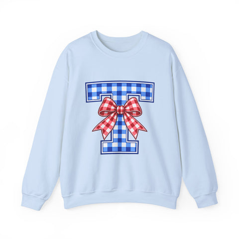 Tuslaw Mustangs Ladies — Gingham Style Monogram Crewneck Sweatshirt in Light Blue