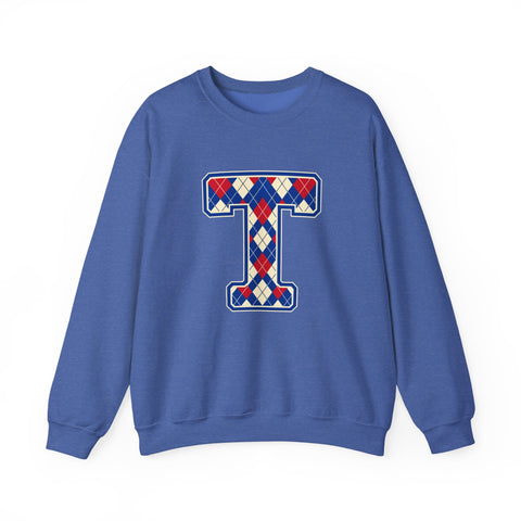 Tuslaw Mustangs Argyle Monogram Crewneck Sweatshirt in Heather Sport Royal