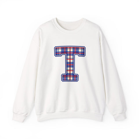 Tuslaw Mustangs Plaid Monogram Crewneck Sweatshirt in White