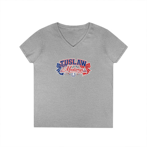 Tuslaw Mustangs Ladies — Red & Blue Bows V-Neck T-Shirt