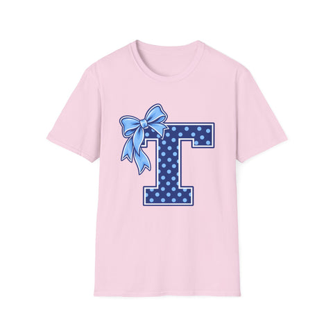 Tuslaw Mustangs Ladies — Blue Polka Dot Monogram T-Shirt in Light Pink
