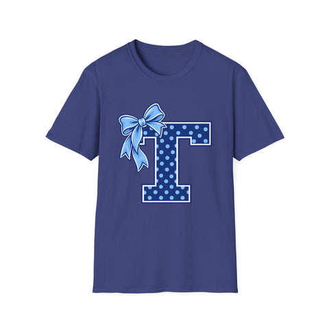 Tuslaw Mustangs Ladies — Blue Polka Dot Monogram T-Shirt in Metro Blue