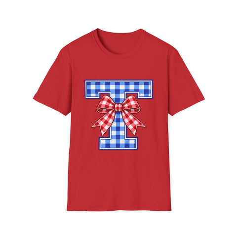 Tuslaw Mustangs Ladies — Gingham Style Monogram T-Shirt in Red