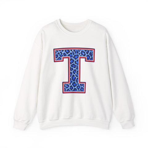 Tuslaw Mustangs Ladies — Leopard Print Monogram Crewneck Sweatshirt in White