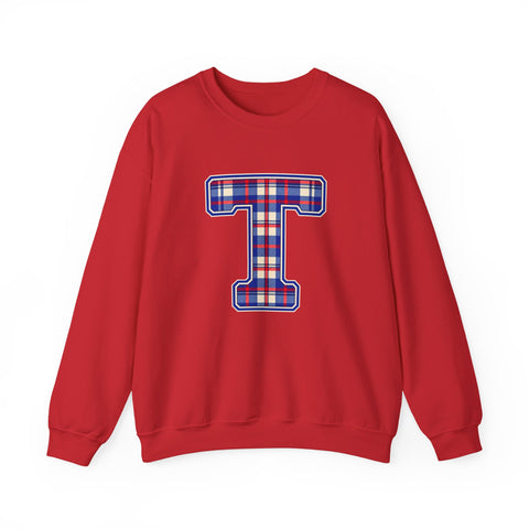 Tuslaw Mustangs Plaid Monogram Crewneck Sweatshirt in Red