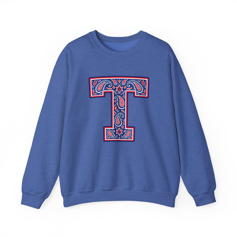 Tuslaw Mustangs Paisley Monogram Crewneck Sweatshirt in Heather Sport Royal