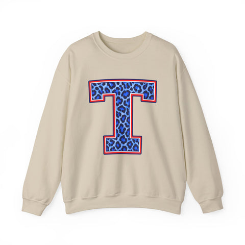 Tuslaw Mustangs Ladies — Leopard Print Monogram Crewneck Sweatshirt in Sand
