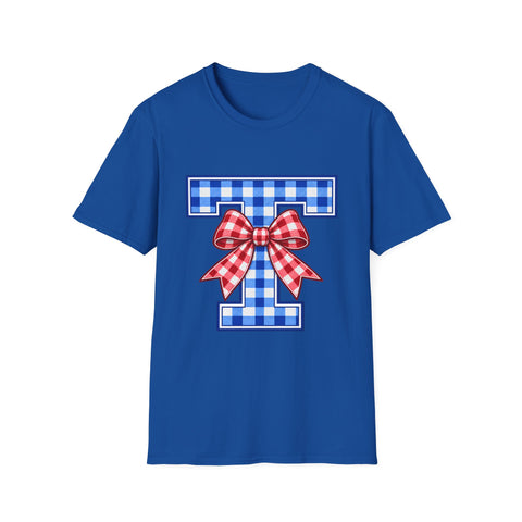 Tuslaw Mustangs Ladies — Gingham Style Monogram T-Shirt in Royal