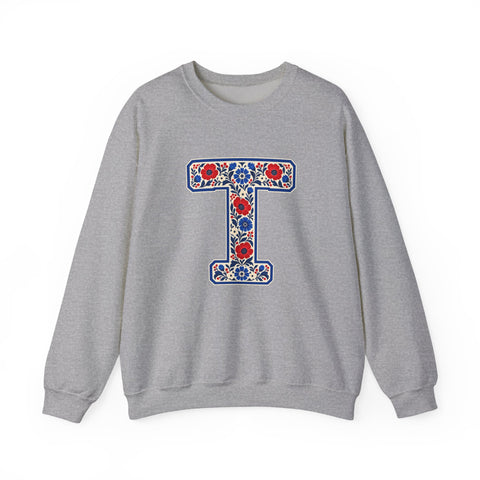 Tuslaw Mustangs Farmhouse Floral Monogram Crewneck Sweatshirt in Sport Grey