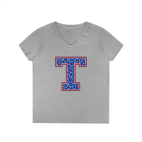 Tuslaw Mustangs Leopard Monogram Women’s V-Neck T-Shirt in Sport Grey