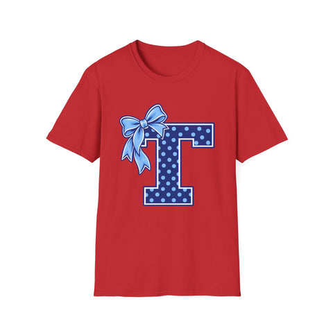Tuslaw Mustangs Ladies — Blue Polka Dot Monogram T-Shirt in Red