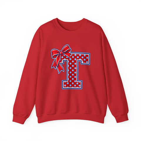 Tuslaw Mustangs Ladies — Red Polka Dot Monogram Crewneck Sweatshirt in Red