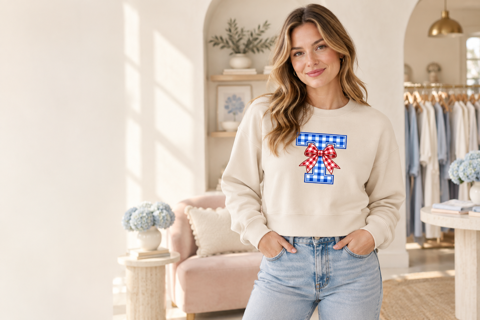 Gingham bow monogram crop crewneck styled with jeans