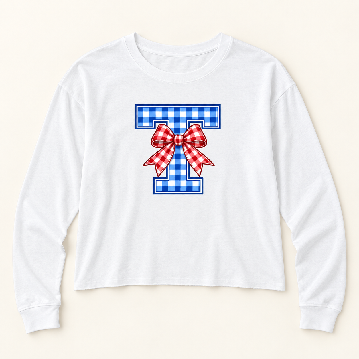 Tuslaw Mustangs Gingham Bow Monogram Midi Long Sleeve Tee